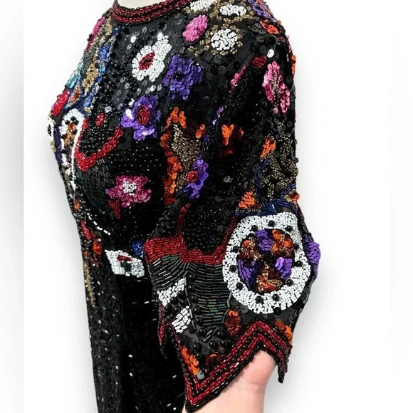 Vintage Retro 80's Silk Hand Beaded Sequin Black Niteline Evening Midi Dress 12 - Picture 4 of 13